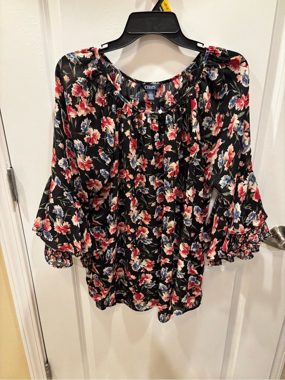 Chaps Black Floral Peasant Boho Blouse with Red and Blue Flowers